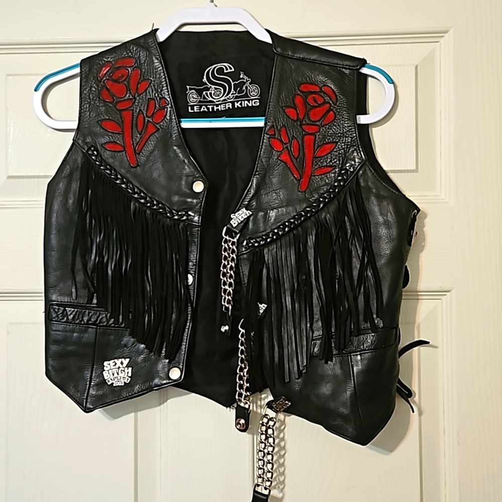 Leather red rose  biker vest